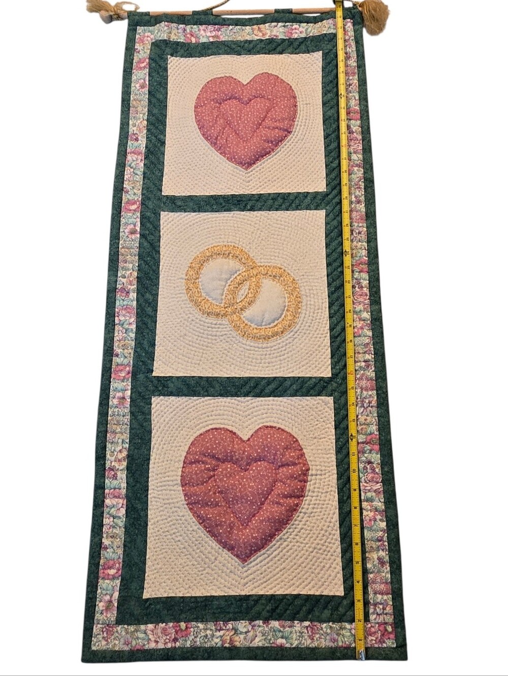 Grandma core Handmade Quilted Heart & Rings Wall Hanging - Pink, Green, Cream